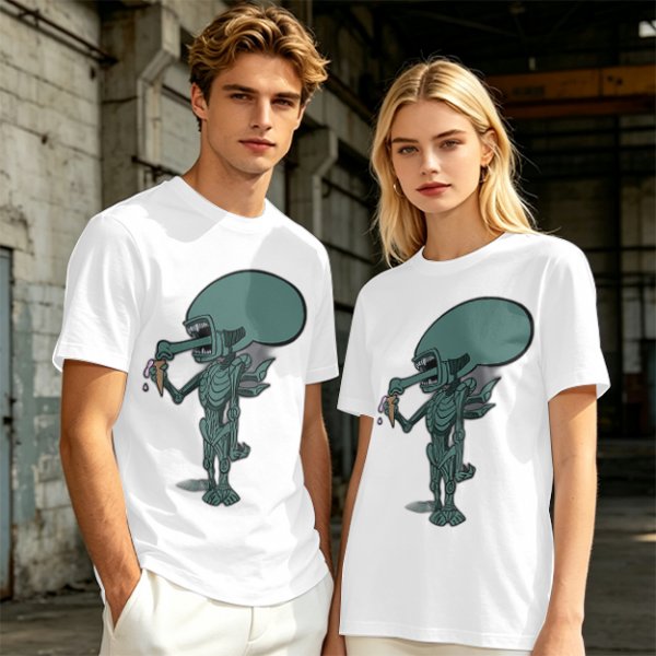 Olive T-Shirt With Alien Eating Ice Cream Graphic