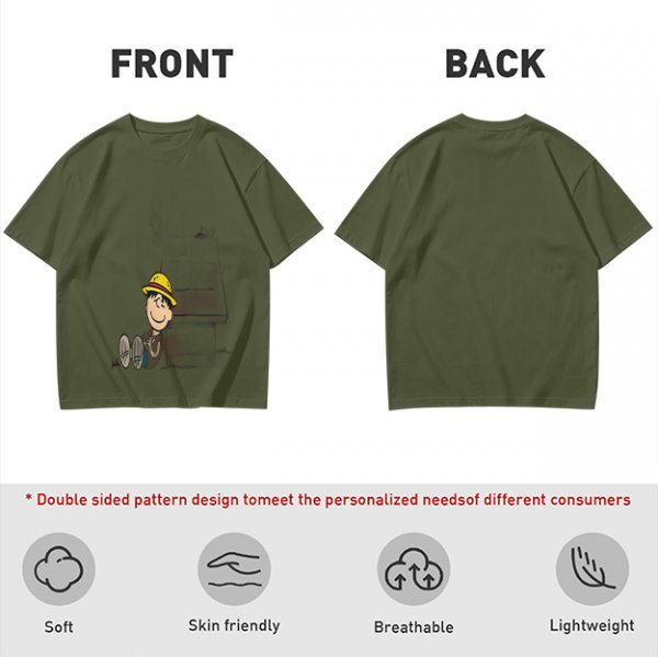 Olive Green T-Shirt with Smiling Boy in Yellow Hat Graphic