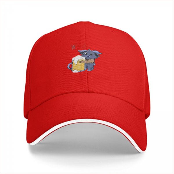 Black baseball cap with cute blue monster holding a foamy beer mug