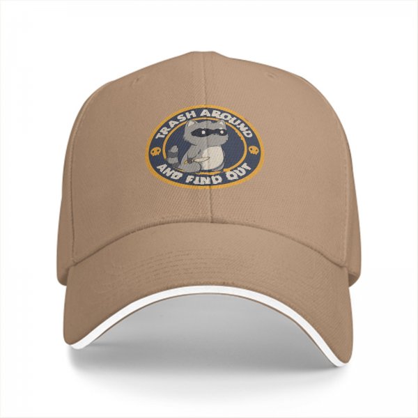 Black baseball cap with raccoon trash around and find out graphic
