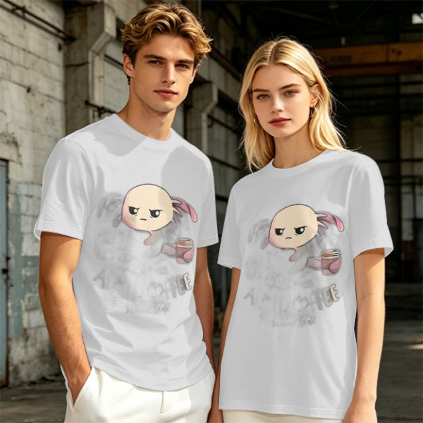 Olive T-shirt with Grumpy Axolotl Holding Coffee Print