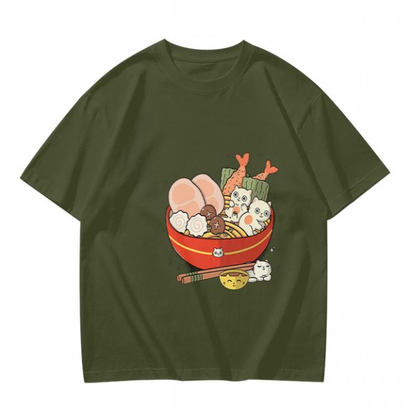 Olive T-Shirt With Cute Cat Ramen Bowl Graphic Print