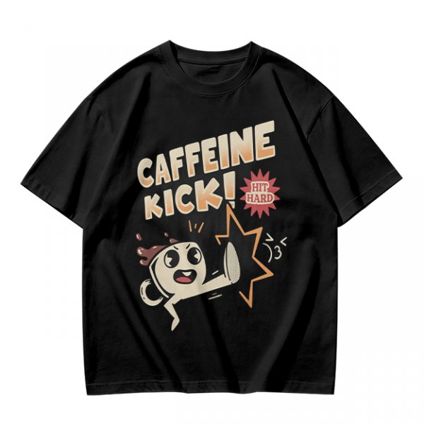 Olive graphic tee with caffeine kick cartoon coffee cup design