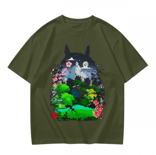 Olive Green T-Shirt with Totoro Nature Landscape Graphic Print