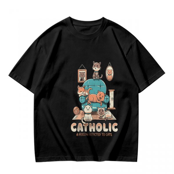 Olive T-Shirt With Funny Cat Graphic 'Catholic' Print