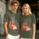 Olive T-Shirt With Cozy Cat Eating Pizza And Gaming Print