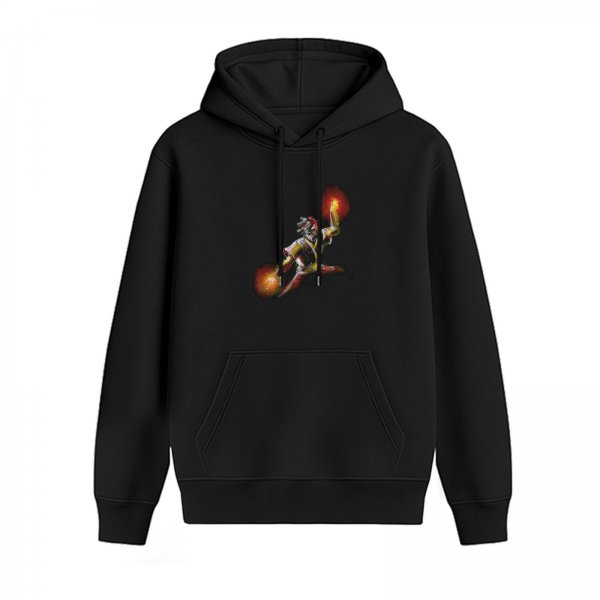 Black Hoodie With Dynamic Fire Wielding Warrior Graphic