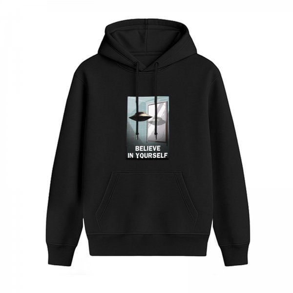 Black hoodie with UFO mirror graphic and 'Believe in Yourself' text