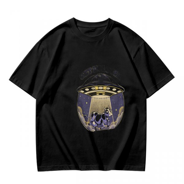Olive Green T-Shirt with UFO Abducting Cow Graphic