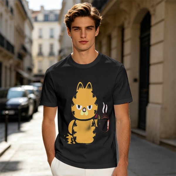 Olive T-Shirt With Grumpy Orange Cat Holding Hot Coffee Print
