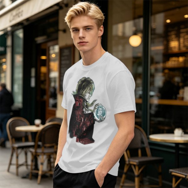 Olive Green T-Shirt With Goblin King Holding Crystal Ball Art