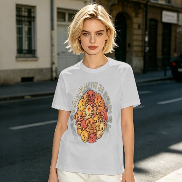 Olive t-shirt with cute puppy pile graphic and playful text