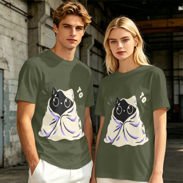 Olive T-shirt with Cute Black Cat Wrapped in Blanket Graphic