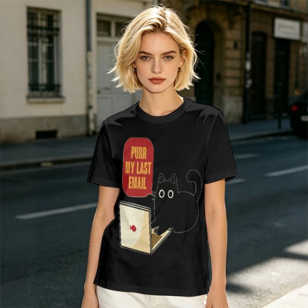 Black cat typing on laptop with 'Purr My Last Email' graphic t-shirt