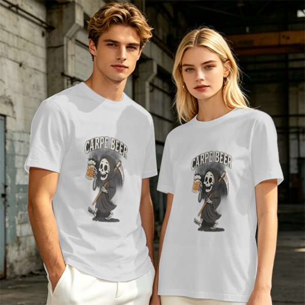 Olive green t-shirt with Carpe Beer grim reaper holding beer mug graphic