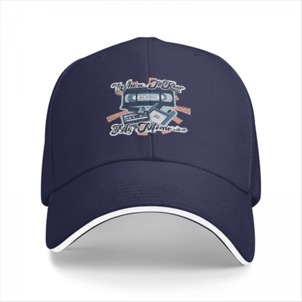 Black baseball cap with retro 90s media graphic print