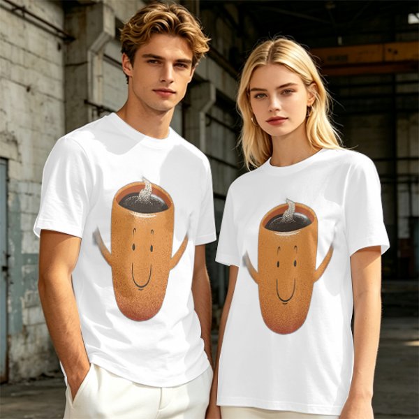 Olive Green T-Shirt With Happy Steaming Coffee Cup Graphic