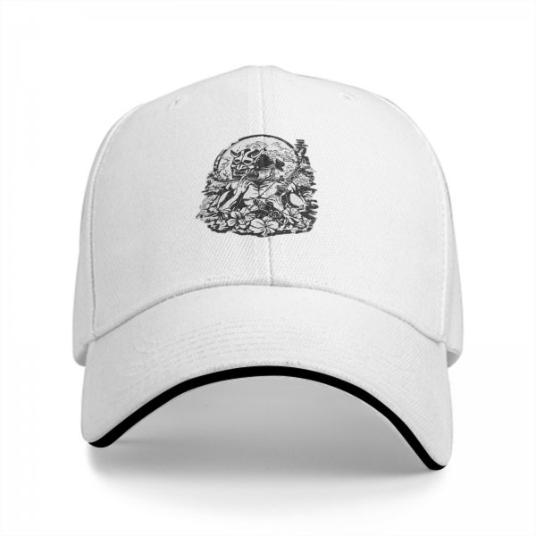 Black Baseball Cap With Japanese Oni Mask Floral Art Print