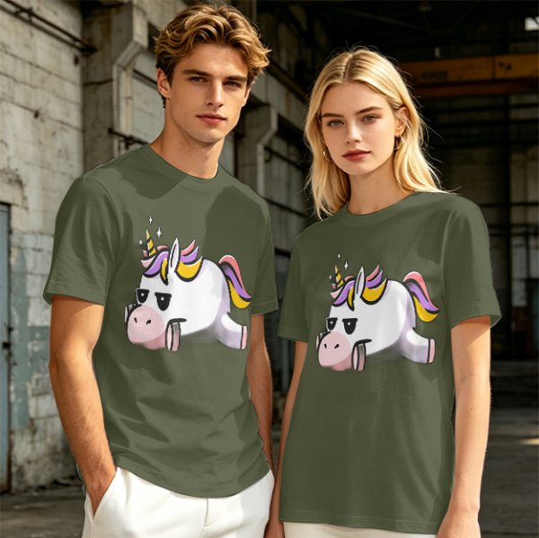 Olive T-Shirt With Grumpy Unicorn Graphic Print
