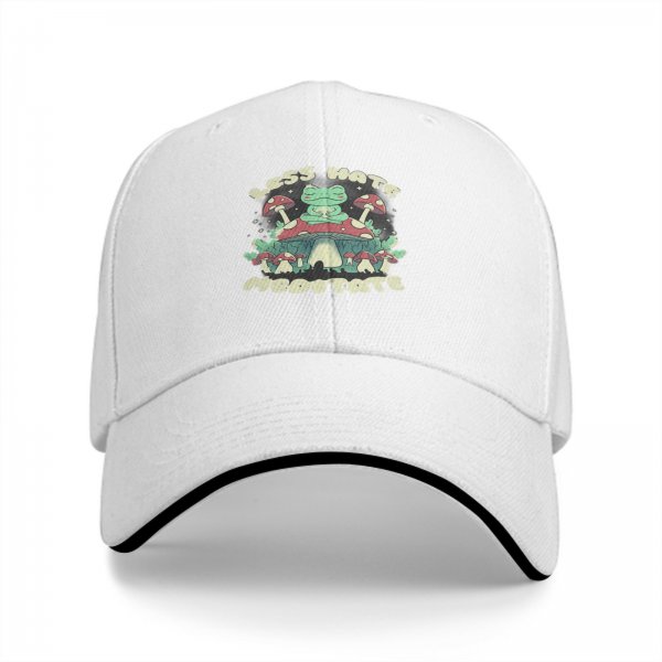 Black baseball cap with meditating frog and 'Less Hate Meditate' mushroom design