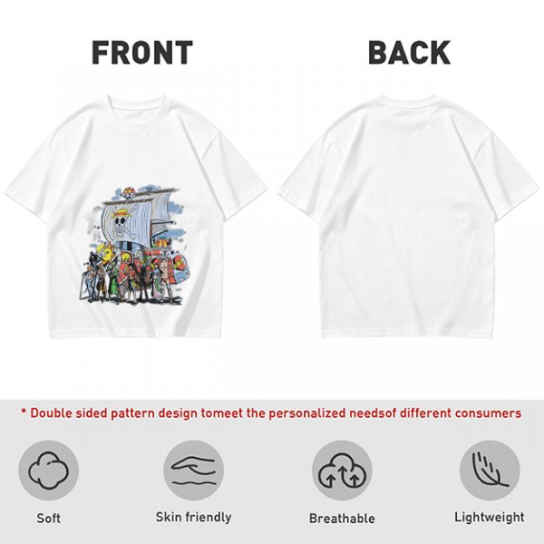 Olive T-Shirt with One Piece Straw Hat Pirates Crew and Ship Print