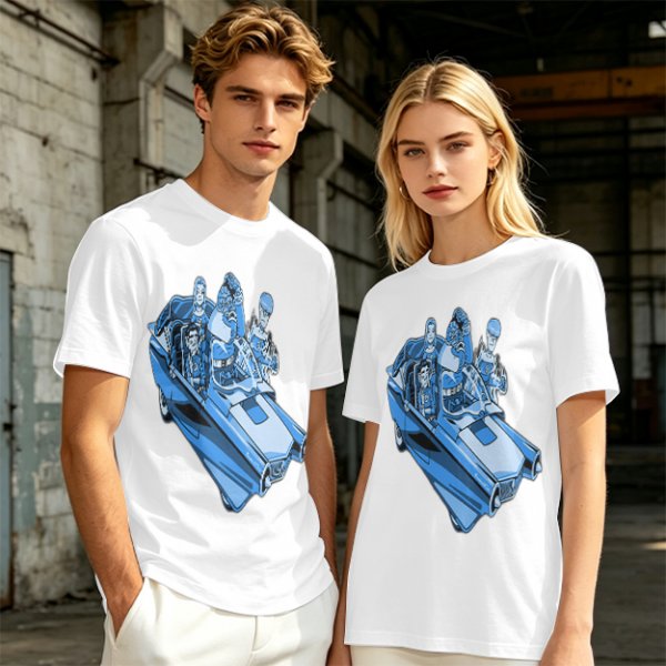 Olive T-shirt with retro blue cartoon car and characters graphic