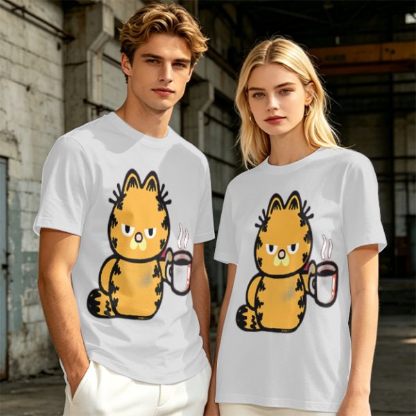 Olive T-Shirt With Grumpy Orange Cat Holding Hot Coffee Print