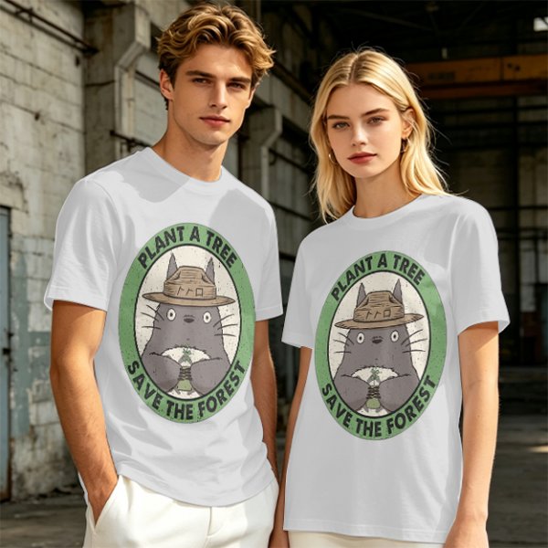 Olive green Totoro graphic t-shirt with plant a tree save the forest slogan