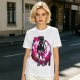 Olive anime cat character graphic t-shirt with pink abstract background