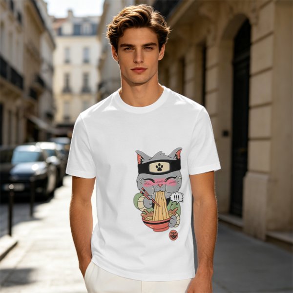 Olive green t-shirt with a ninja cat eating ramen graphic