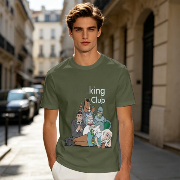 Olive T-Shirt Featuring 'king Club' and Animated Characters Print