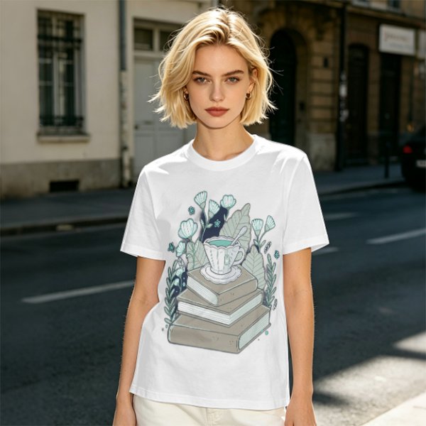 Olive T-Shirt With Stacked Books Teacup Floral Print