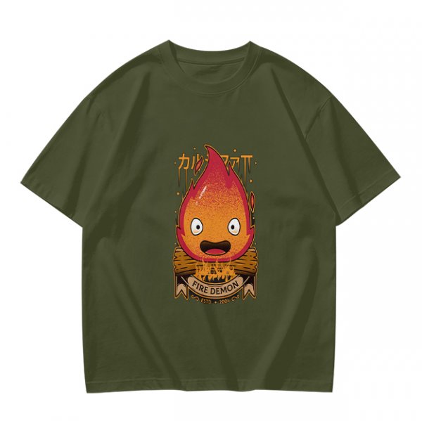 Olive t-shirt with Calcifer Fire Demon graphic print