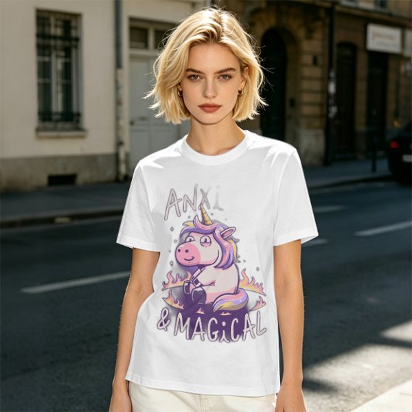 Anxious Magical Unicorn Graphic Olive T-Shirt