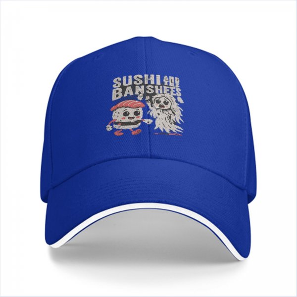 Black baseball cap with sushi and banshees graphic design