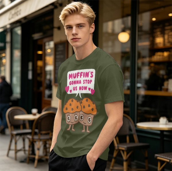 Olive t-shirt with cute muffin graphic and playful text design