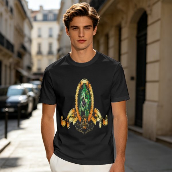 Olive Green T-Shirt With Ornate Golden Frame And Green Wolf Head Print