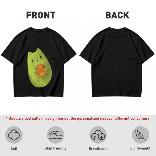 Olive Green T-Shirt With Cute Avocado Cat Holding Yarn Ball Print
