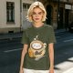 Olive Green T-Shirt With Cute Cat Latte Art And Kittens Print