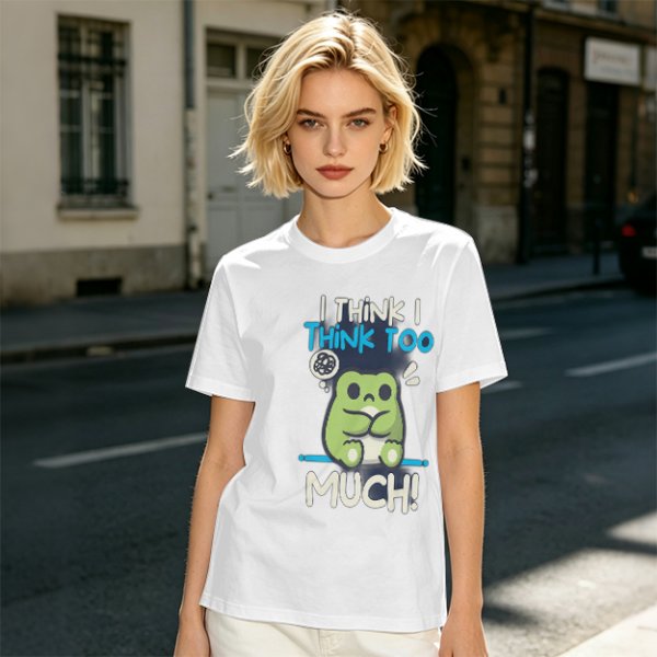 Olive t-shirt with 'I think I think too much' anxious frog print