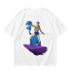 Olive T-shirt with Art Print of Girl Holding Blue Creature on Floating Rock