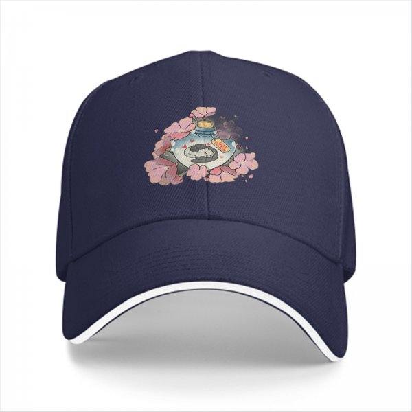 Black baseball cap with sleeping cat in potion bottle and pink flowers print