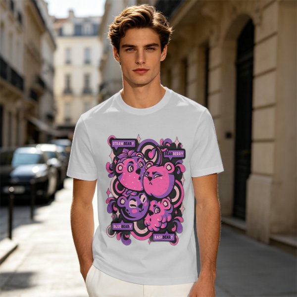 Olive T-shirt with playful bear-fruit graphic print