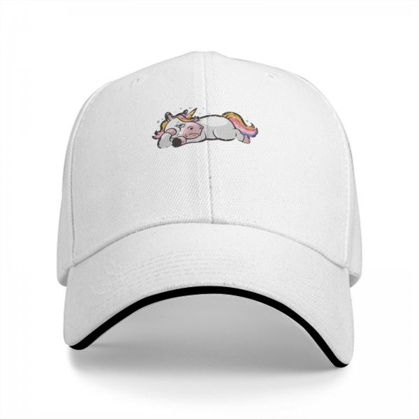 Black baseball cap with a lazy sleeping unicorn graphic