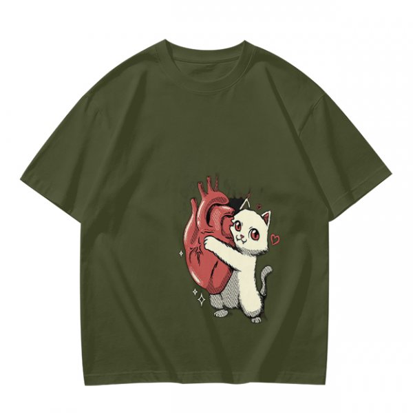 Olive T-Shirt With Cute White Cat Hugging Anatomical Heart Print