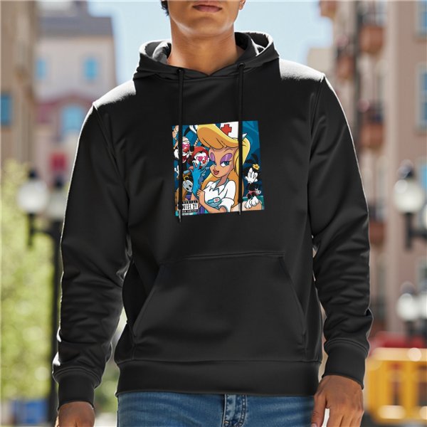 Black hoodie with Animaniacs nurse and characters graphic print