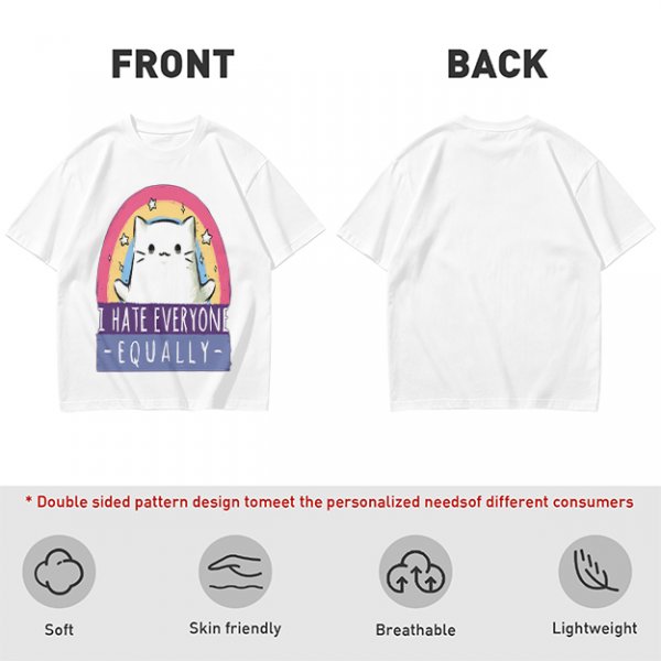 Olive graphic t-shirt with a white cat and 'I hate everyone equally' print