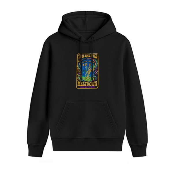 Black hoodie with psychedelic time and space meltdown tardis graphic