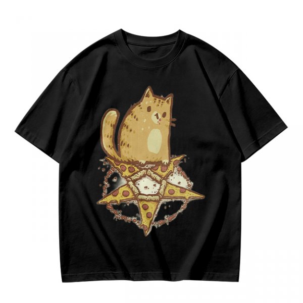 Olive T-Shirt With Cat Sitting On Pizza Pentagram Artwork