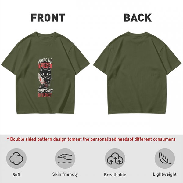 Olive Graphic T-Shirt With Tired Cat Holding Knife Slogan
